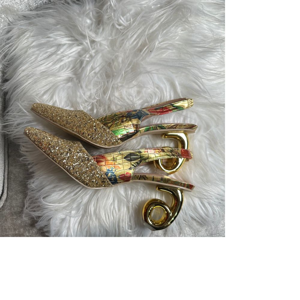 Glamorous Gold Glitter Slingback, Artistic Spiral Heel‎ Special Occasion Pumps
